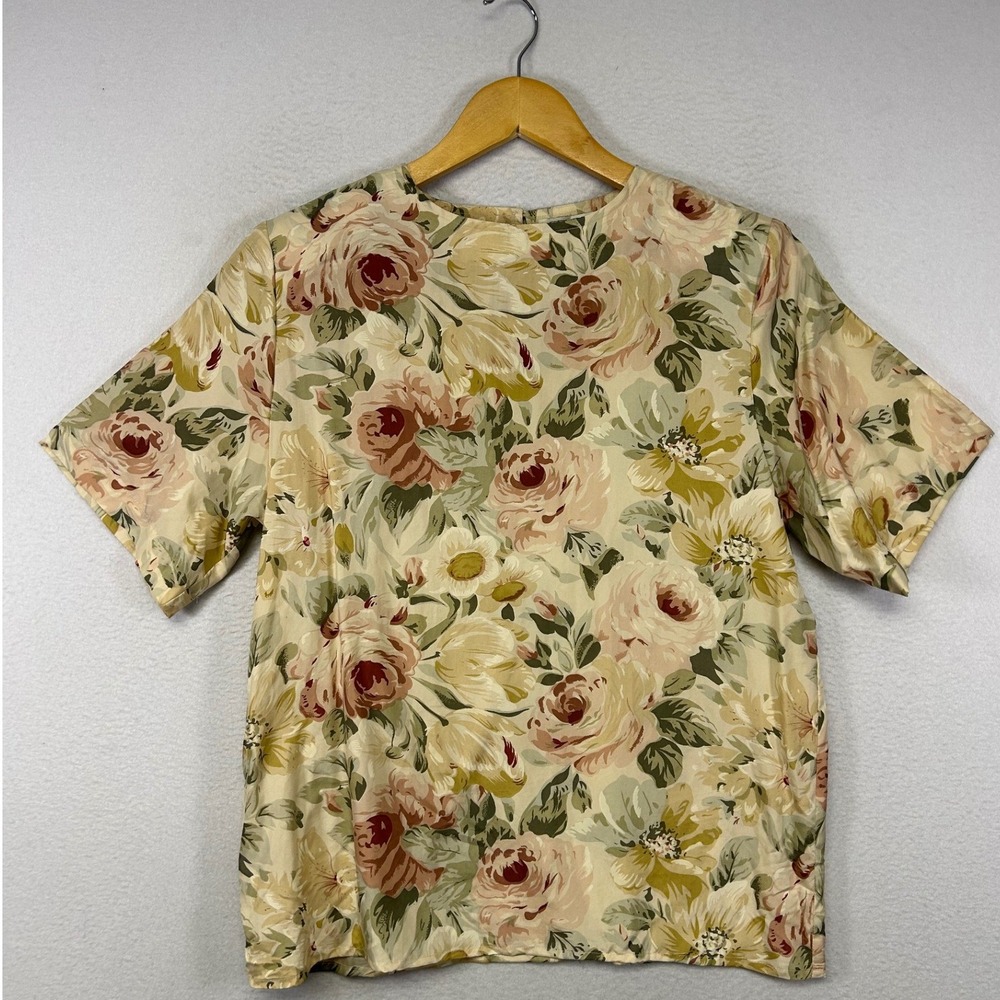 Cottagecore Studio A Womens Small Cream Floral 100% Silk Short Sleeve Blouse Top
